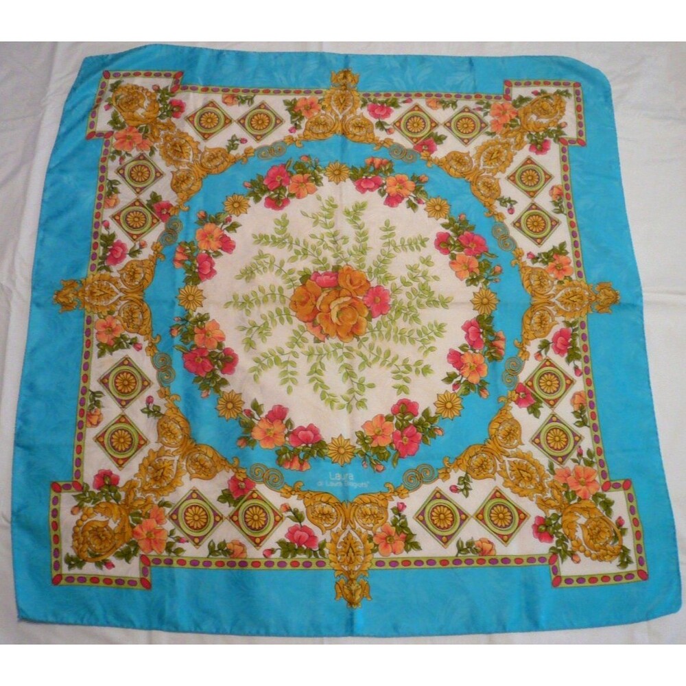 Vintage Laura Biagiotti Silk Scarf Turquoise Blue Floral 35" X 34.5" Italy